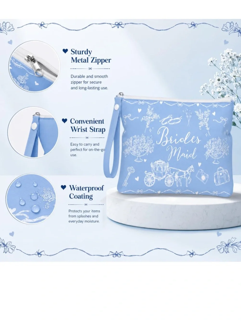Bridesmaids Cosmetic Pouches- Blue and White with Handle